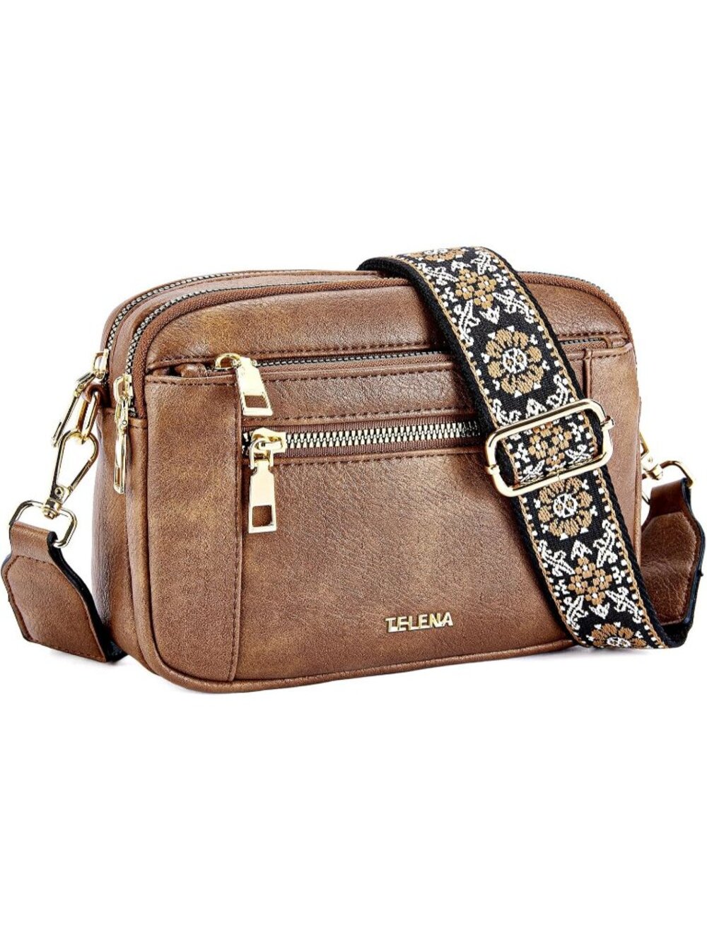 Women's Brown Vegan Leather Purse Adjustable Wide Strap Crossbody Bag